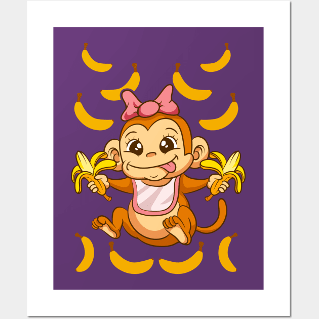 Baby Monkey Bananas Wall Art by E